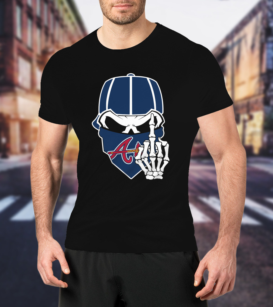 Atlanta Braves Skull Bandana And Skeleton Hand Gesture T-Shirt