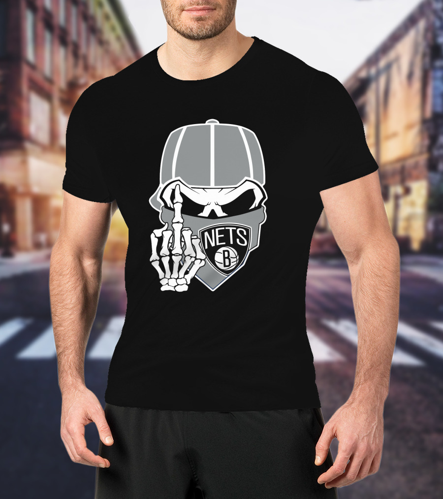 Brooklyn Nets Skull Skeleton Hand Gesture T-Shirt