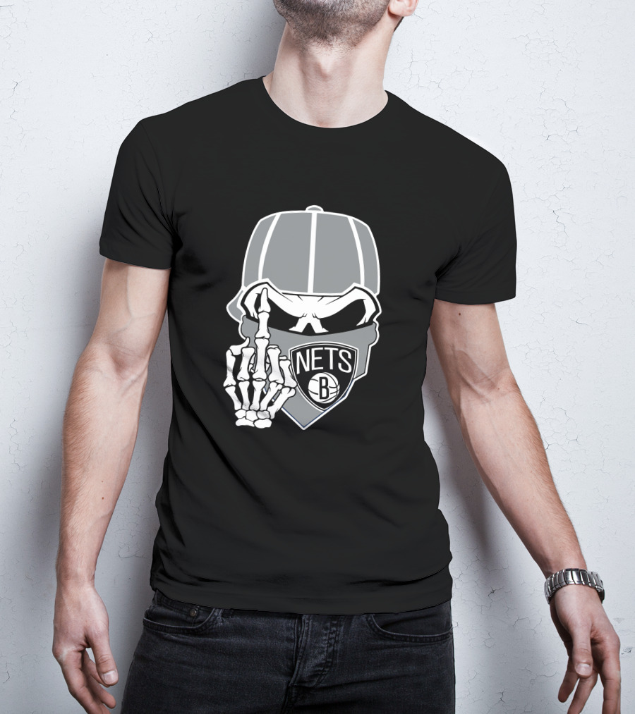 Brooklyn Nets Skull Skeleton Hand Gesture T-Shirt
