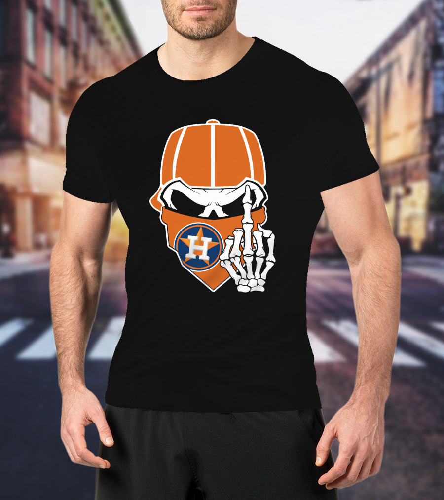 Houston Astros Skull With Cap And Skeleton Hand T-Shirt