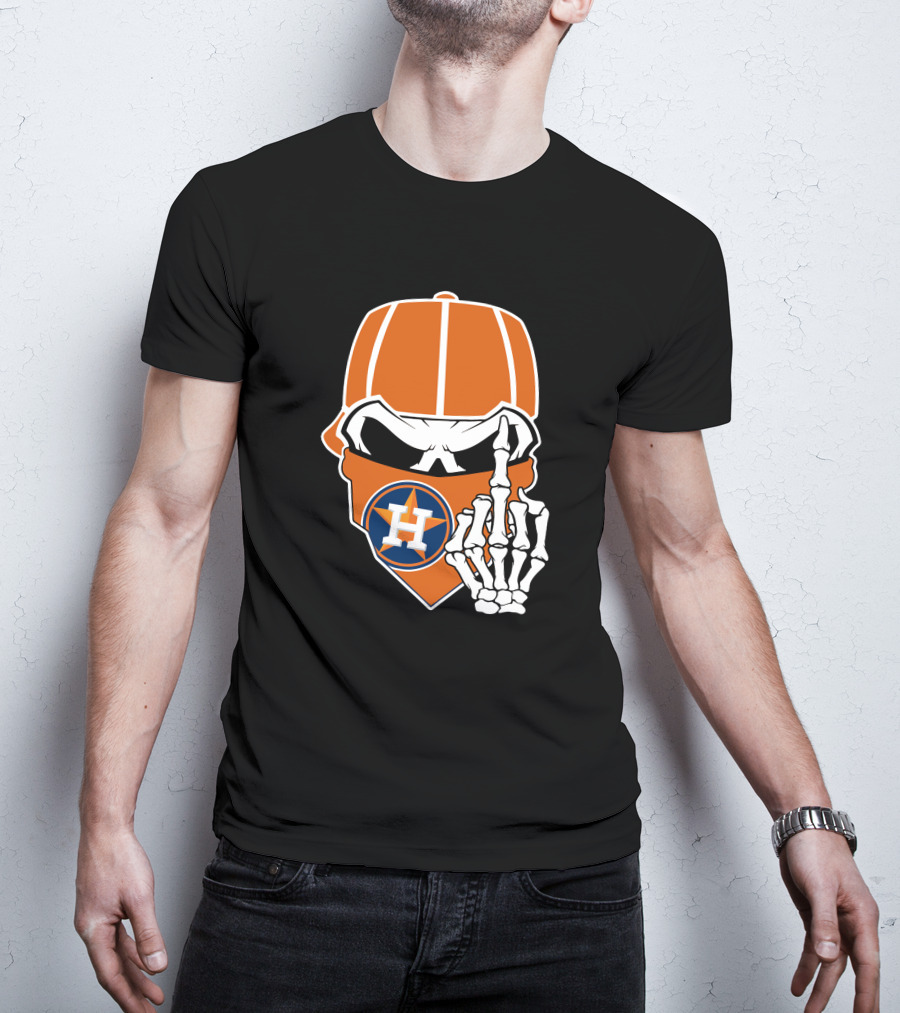 Houston Astros Skull With Cap And Skeleton Hand T-Shirt