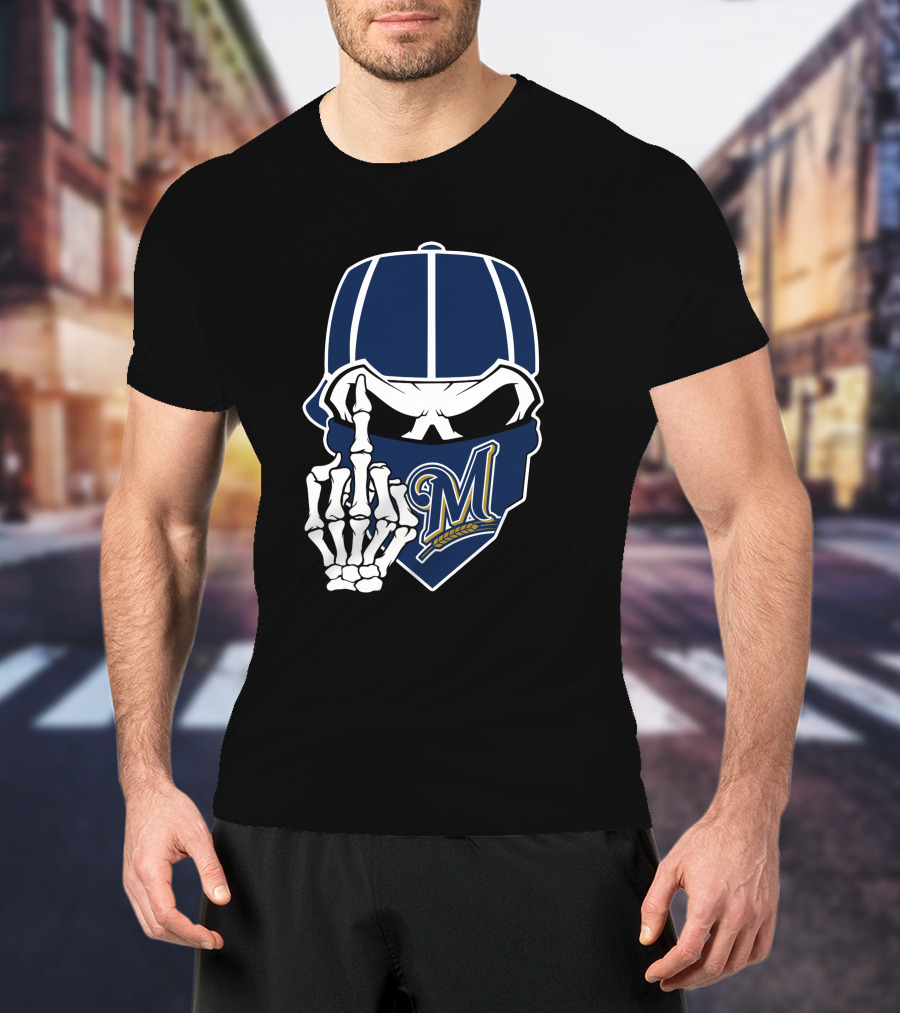 Milwaukee Brewers Skull And Skeleton Hand T-Shirt
