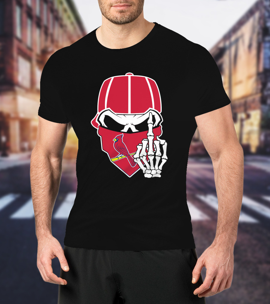 St Louis Cardinals Skull With Bandana And Skeleton Hand T-Shirt