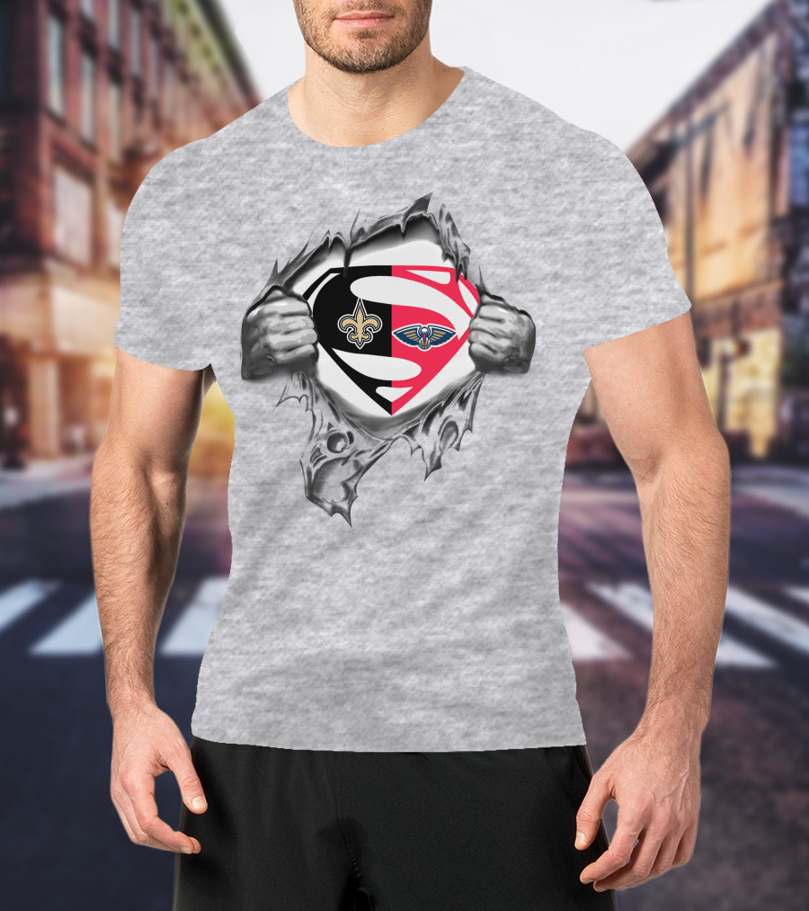 Saints New Orleans Pelicans Superman Logo Fusion T-Shirt