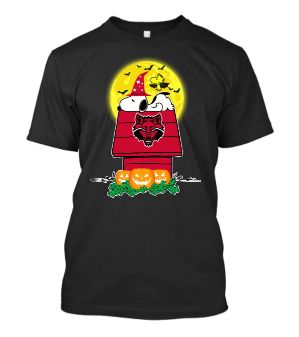 Arkansas State Red Wolves Snoopy Woodstock Halloween Pumpkins Moon Bats T-Shirt