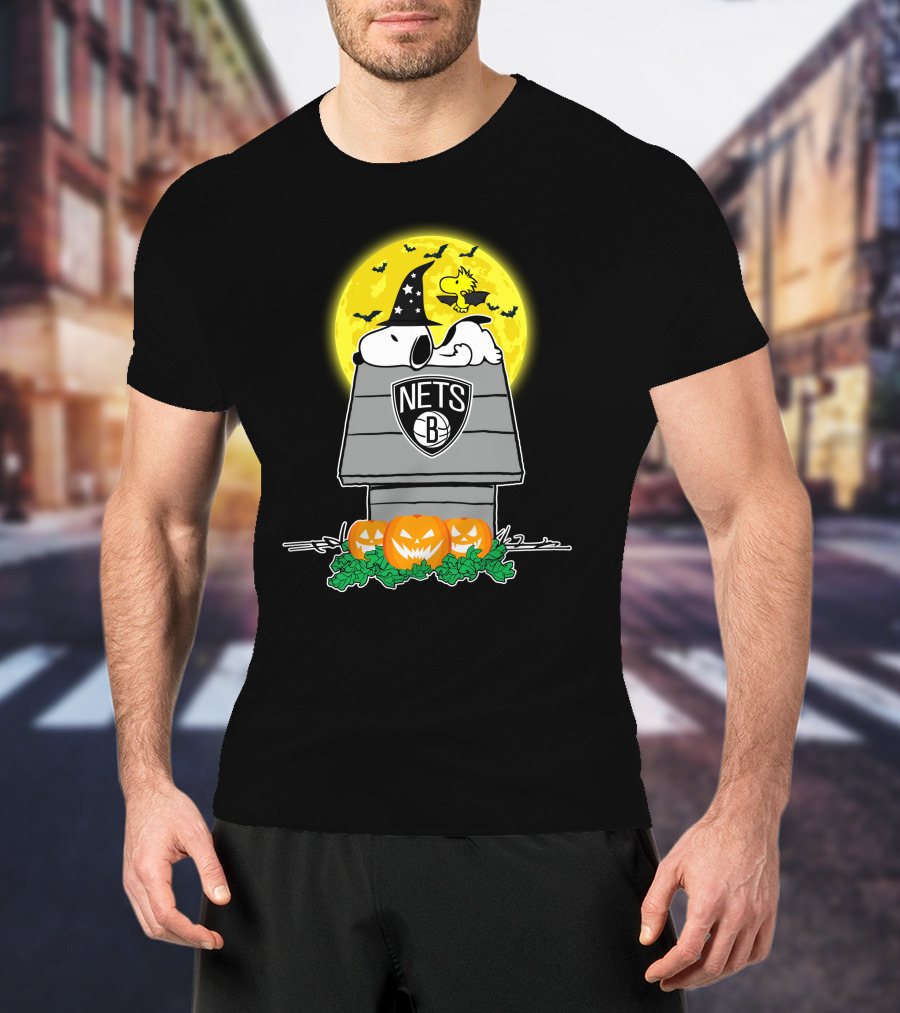 Brooklyn Nets Snoopy Halloween Moon With Pumpkins And Woodstock T-Shirt