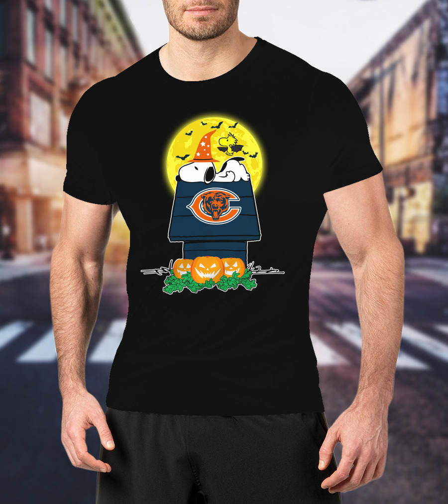 Snoopy And Woodstock With Chicago Bears Logo Halloween Scene T-Shirt