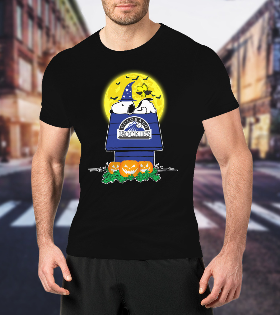 Colorado Rockies Snoopy Halloween Pumpkin Moon Woodstock T-Shirt