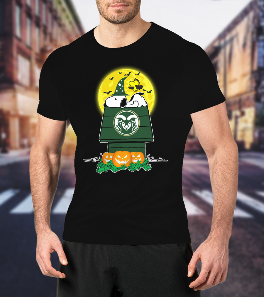 Colorado State Rams Snoopy Halloween Moon With Pumpkins And Woodstock On Doghouse T-Shirt