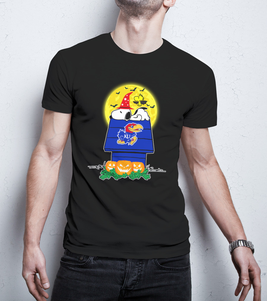 Kansas Jayhawks Snoopy Woodstock Halloween Full Moon Pumpkin House T-Shirt