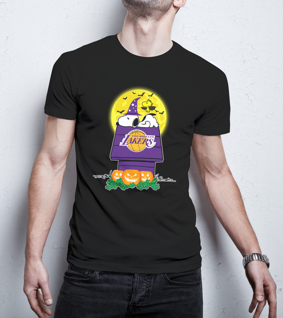 Los Angeles Lakers Snoopy Halloween Pumpkin Moon Bats T-Shirt