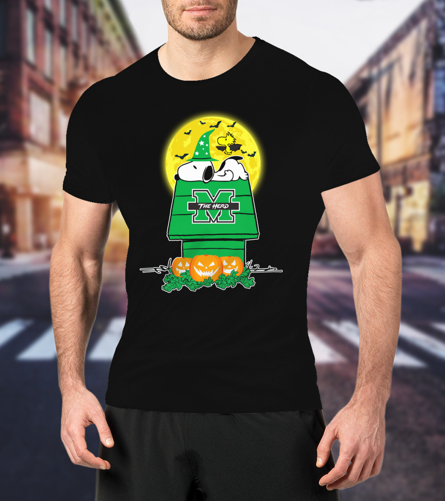 Marshall Thundering Herd Snoopy Woodstock Halloween Pumpkins Moon T-Shirt