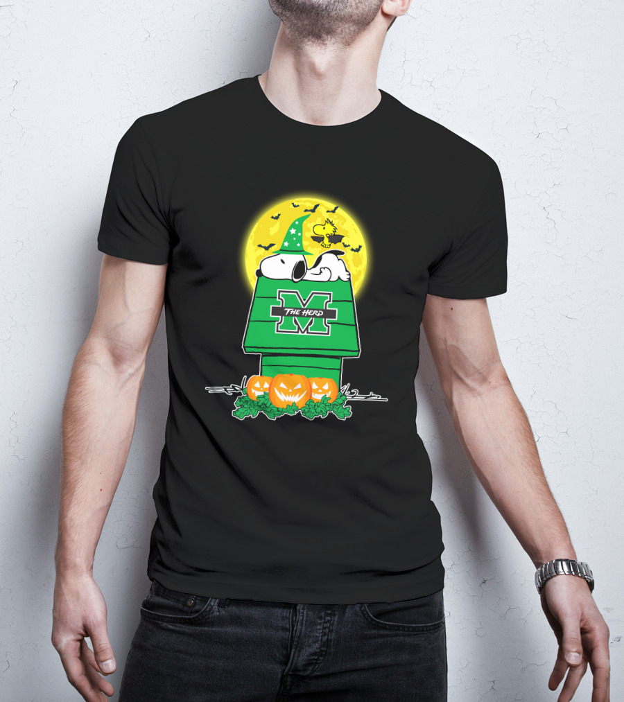 Marshall Thundering Herd Snoopy Woodstock Halloween Pumpkins Moon T-Shirt