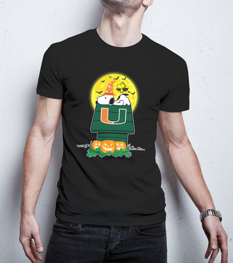 Miami Hurricanes Snoopy Halloween Pumpkin Moon Peanuts Woodstock T-Shirt