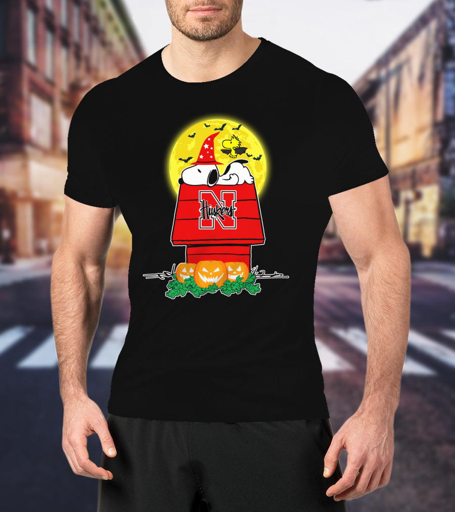 Snoopy Nebraska Cornhuskers Halloween Moon Pumpkins Woodstock T-Shirt