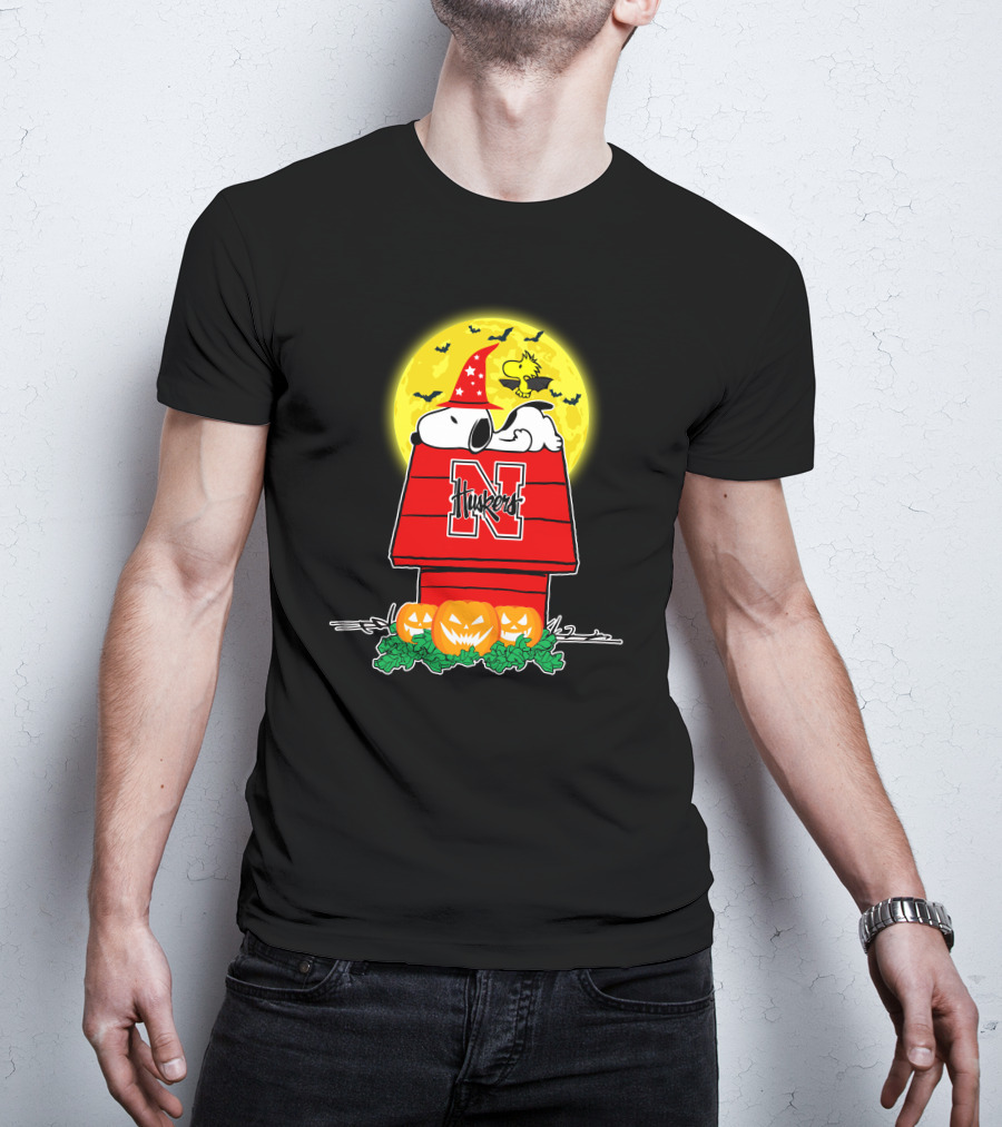 Snoopy Nebraska Cornhuskers Halloween Moon Pumpkins Woodstock T-Shirt