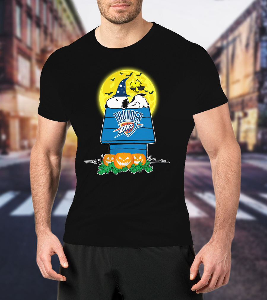 Oklahoma City Thunder Snoopy Halloween Moon Pumpkins T-Shirt