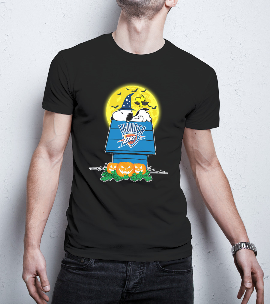 Oklahoma City Thunder Snoopy Halloween Moon Pumpkins T-Shirt