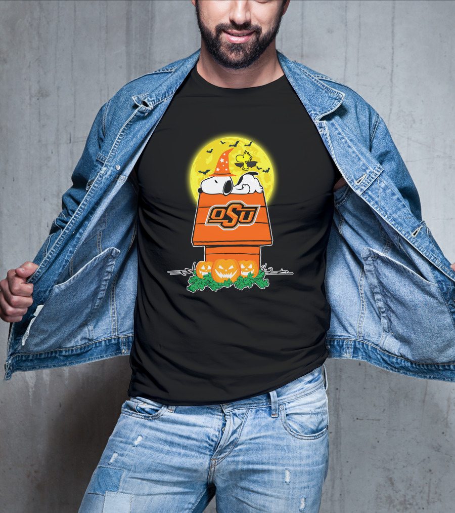 Oklahoma State Cowboys Snoopy Woodstock Halloween Moon Pumpkins T-Shirt
