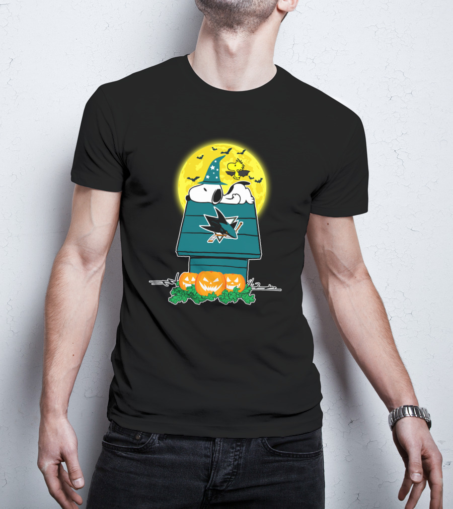 San Jose Sharks Snoopy Halloween Moon Wizard Woodstock Pumpkins T-Shirt