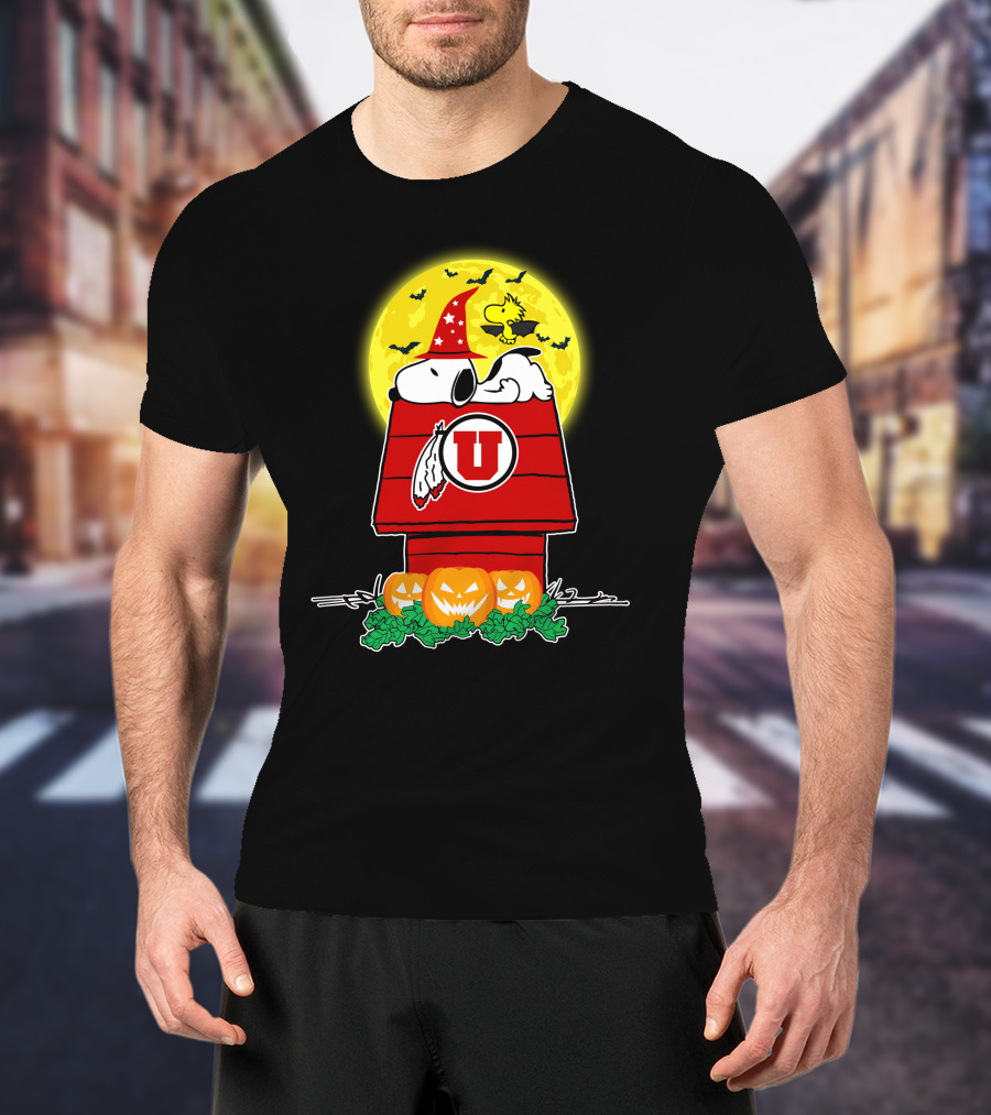 Utah Utes Snoopy Halloween Doghouse With Pumpkins And Full Moon T-Shirt