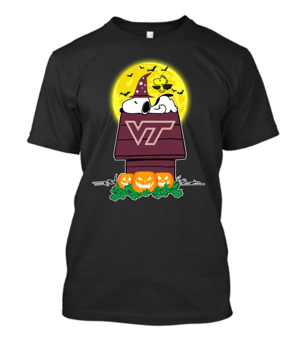 Virginia Tech Hokies Snoopy Woodstock Halloween Pumpkins Moon Bats T-Shirt