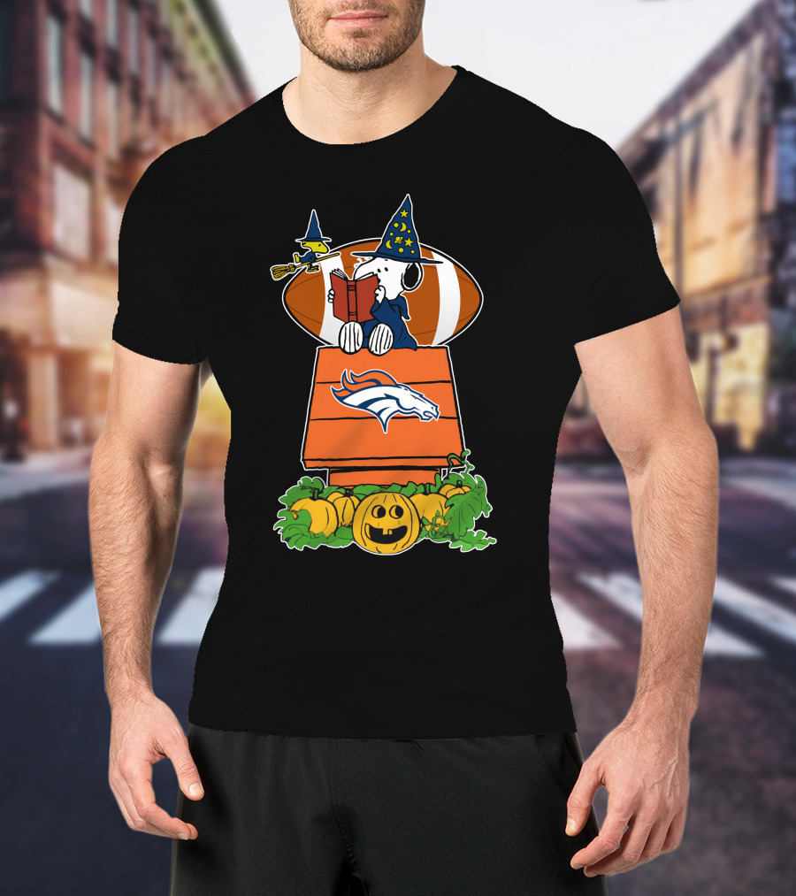 Denver Broncos Snoopy Halloween Football Wizard Pumpkin Scene T-Shirt