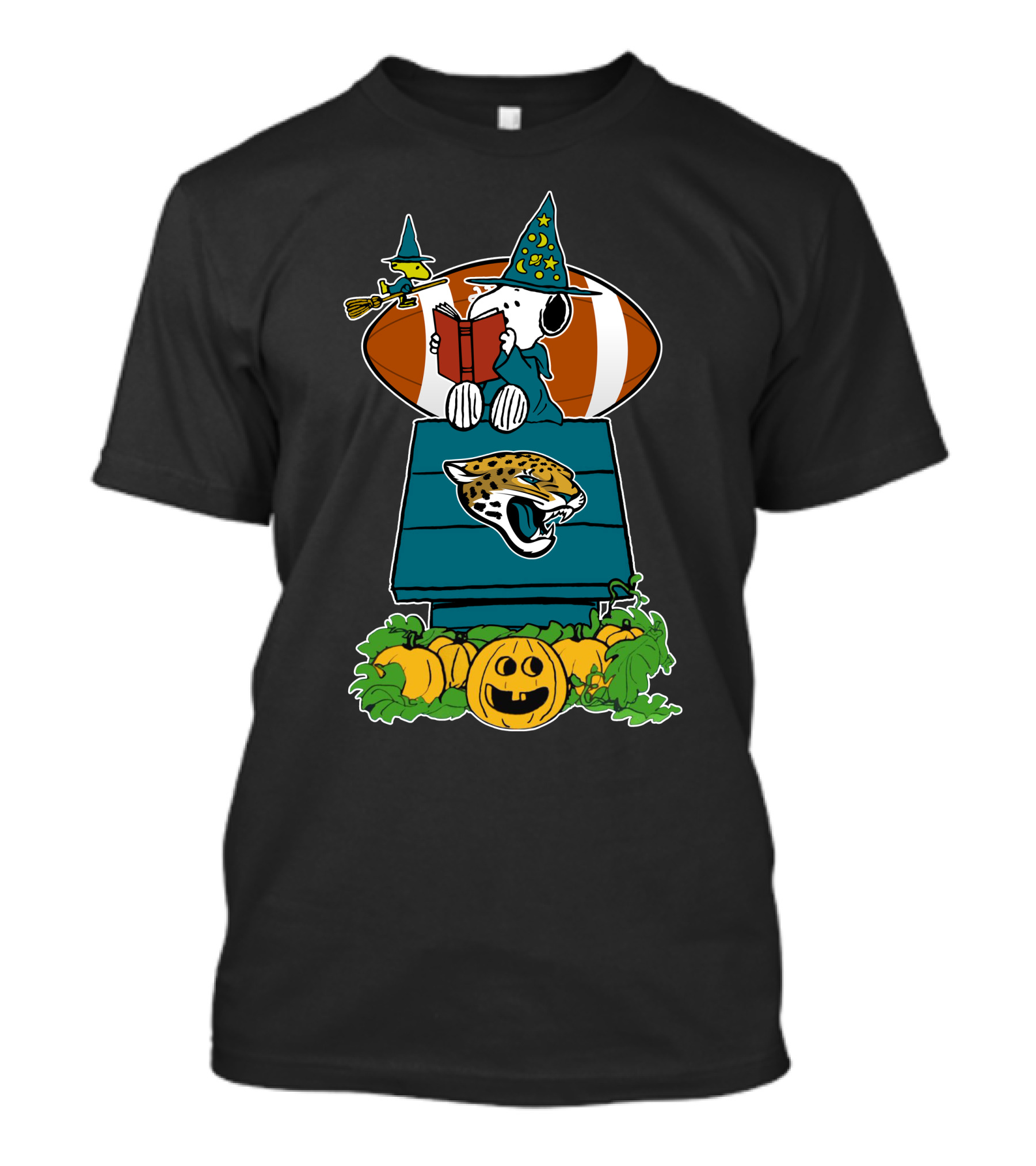 Jacksonville Jaguars Snoopy Halloween Witch Pumpkin Football House T-Shirt