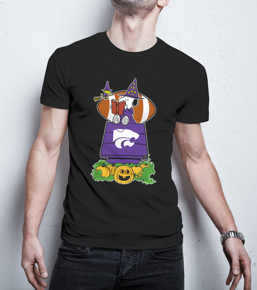 Kansas State Wildcats Snoopy Halloween Witch Hat Pumpkin Football Scene T-Shirt