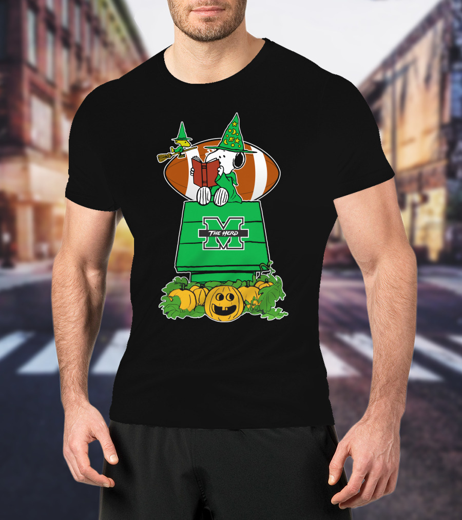 Marshall Thundering Herd Snoopy Halloween Witch Reading Book And Football T-Shirt