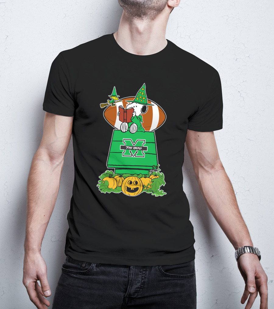 Marshall Thundering Herd Snoopy Halloween Witch Reading Book And Football T-Shirt