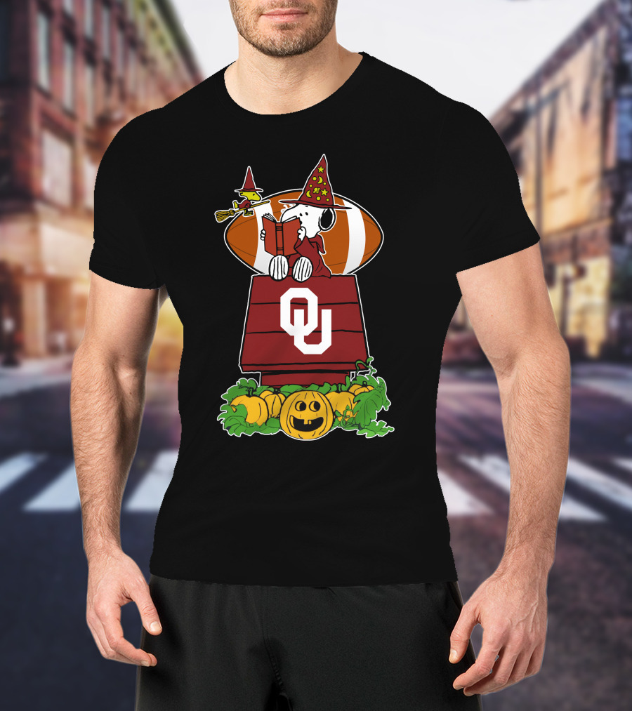 Oklahoma Sooners Snoopy Halloween Witch Woodstock Pumpkins Football T-Shirt