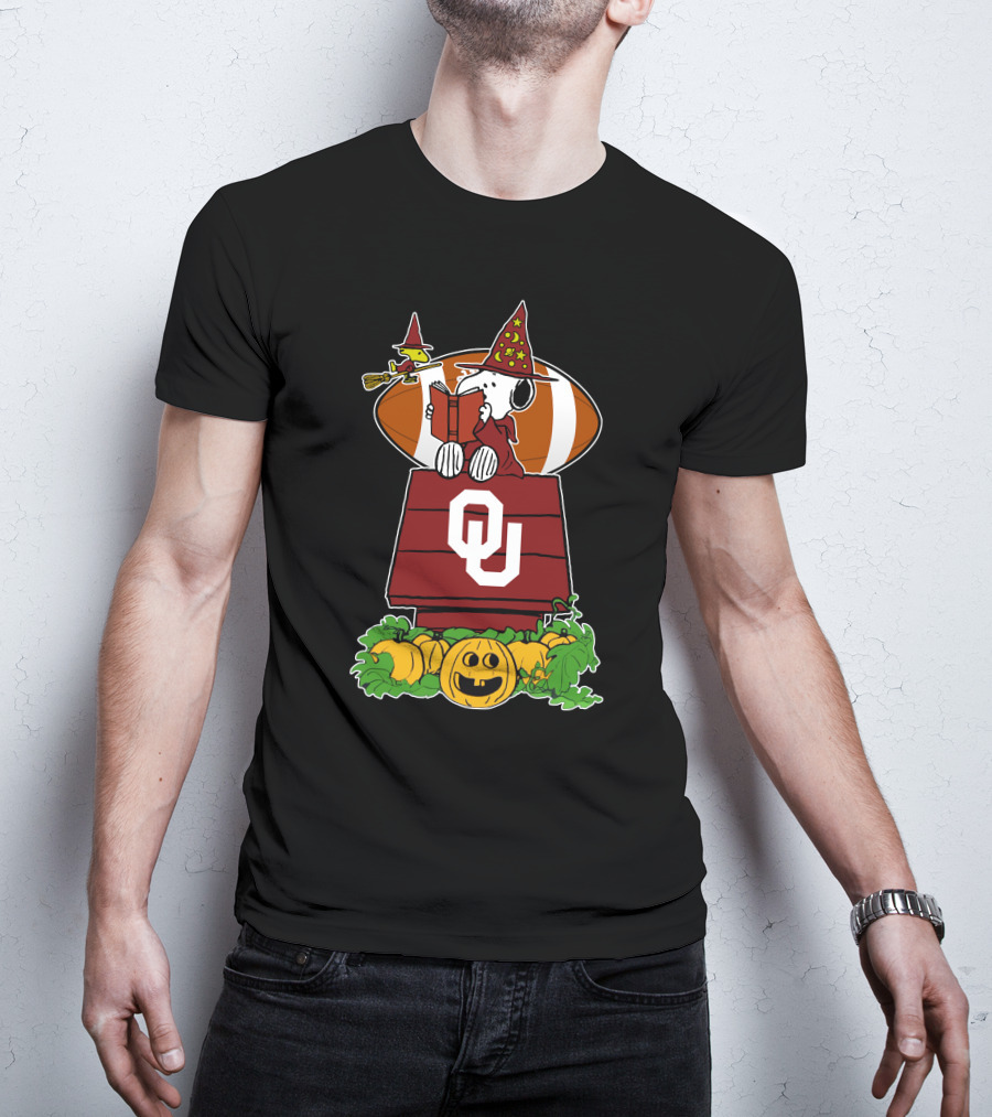 Oklahoma Sooners Snoopy Halloween Witch Woodstock Pumpkins Football T-Shirt