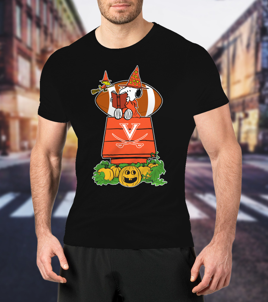 Virginia Cavaliers Snoopy Halloween Witch Football Pumpkin Scene T-Shirt