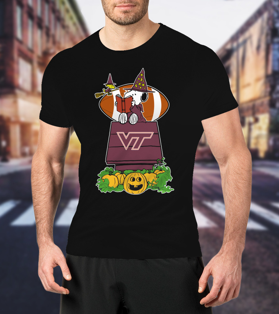 Virginia Tech Hokies Snoopy Halloween Witch Woodstock Football Pumpkin House T-Shirt