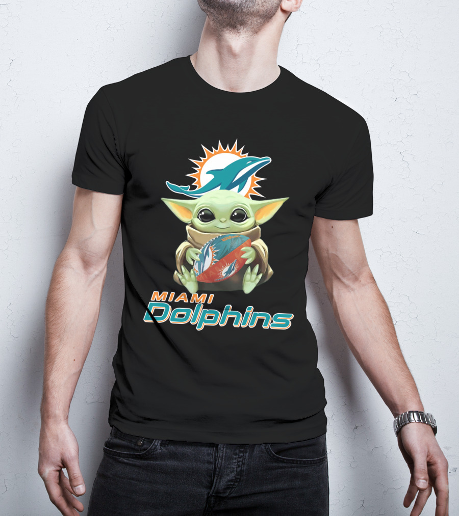 Miami Dolphins Baby Yoda Holding Football With Team T-Shirt