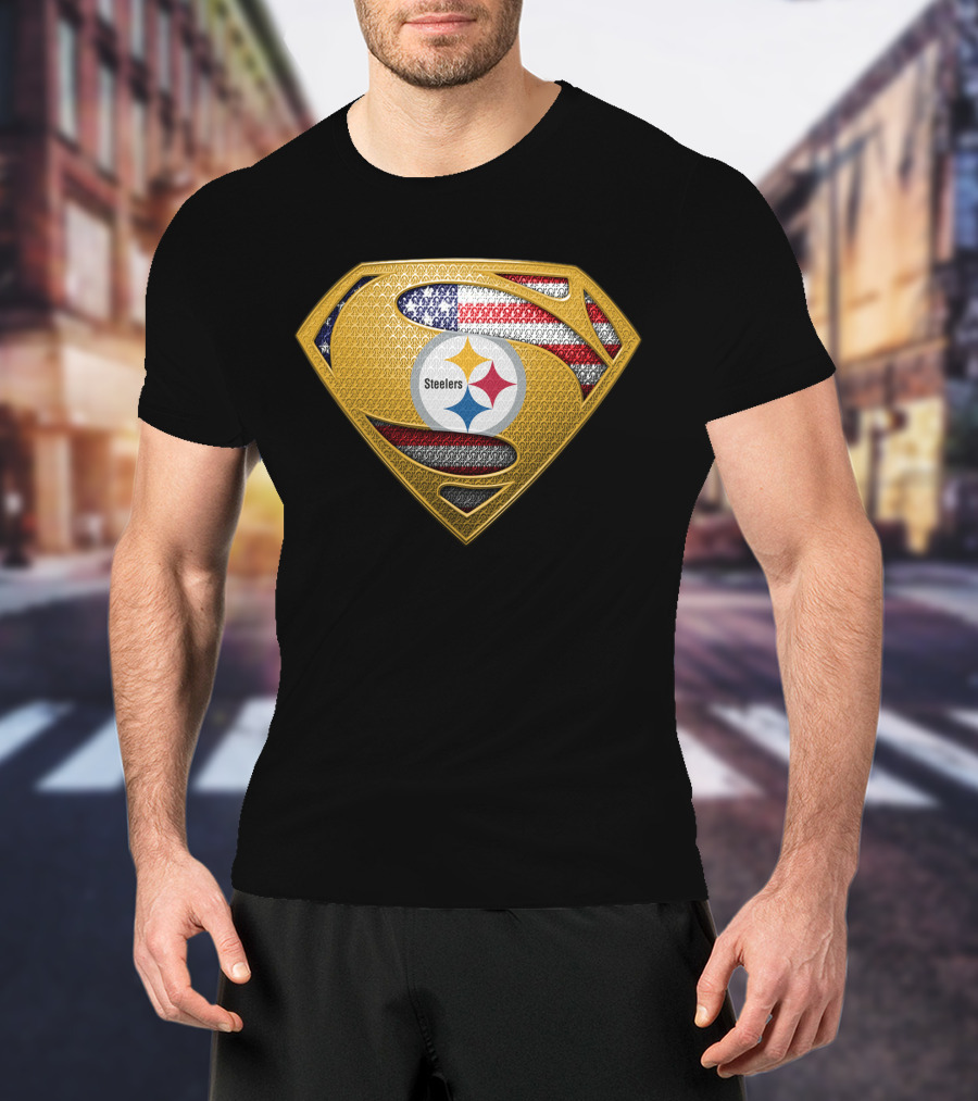 Pittsburgh Steelers American Flag Superman Shield Badge T-Shirt