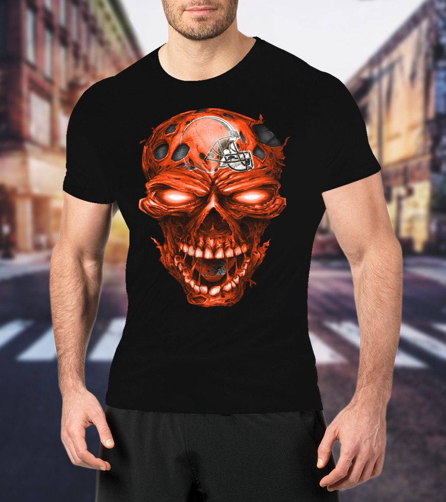 Cleveland Browns Helmet On Fiery Red Skull T-Shirt