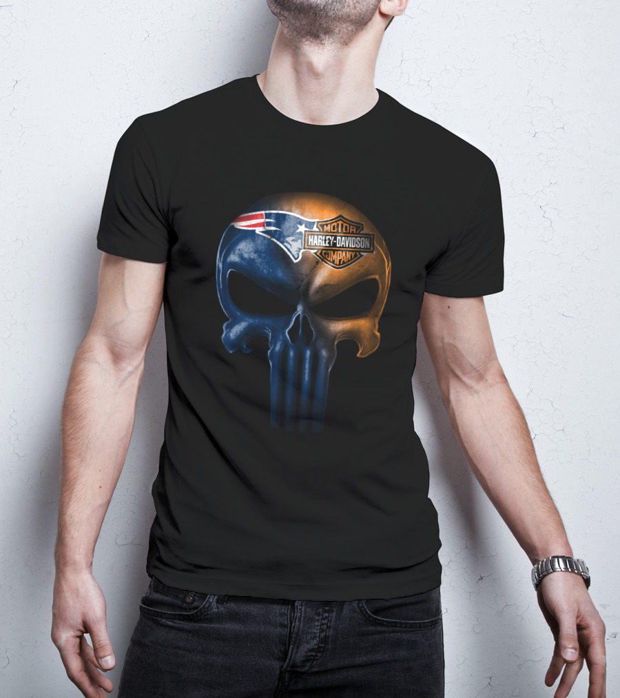New England Patriots Skull Harley Davidson Crossover T-Shirt