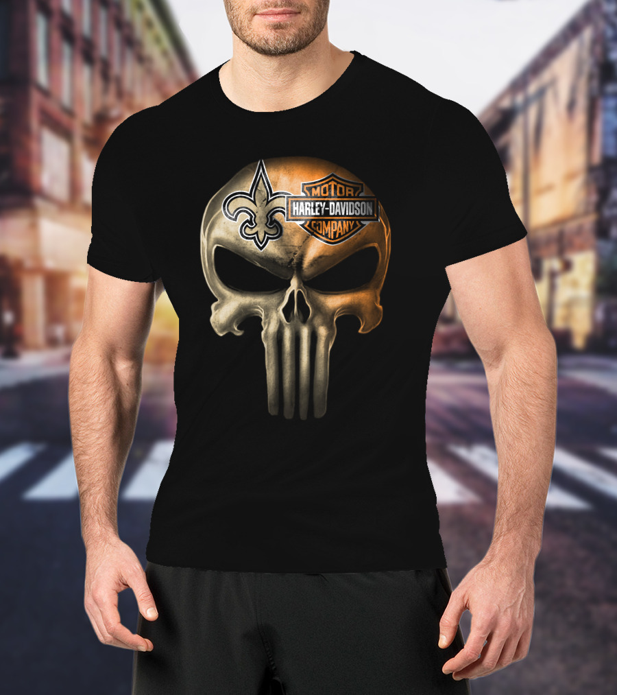 New Orleans Saints Skull Harley Davidson Motor Company T-Shirt