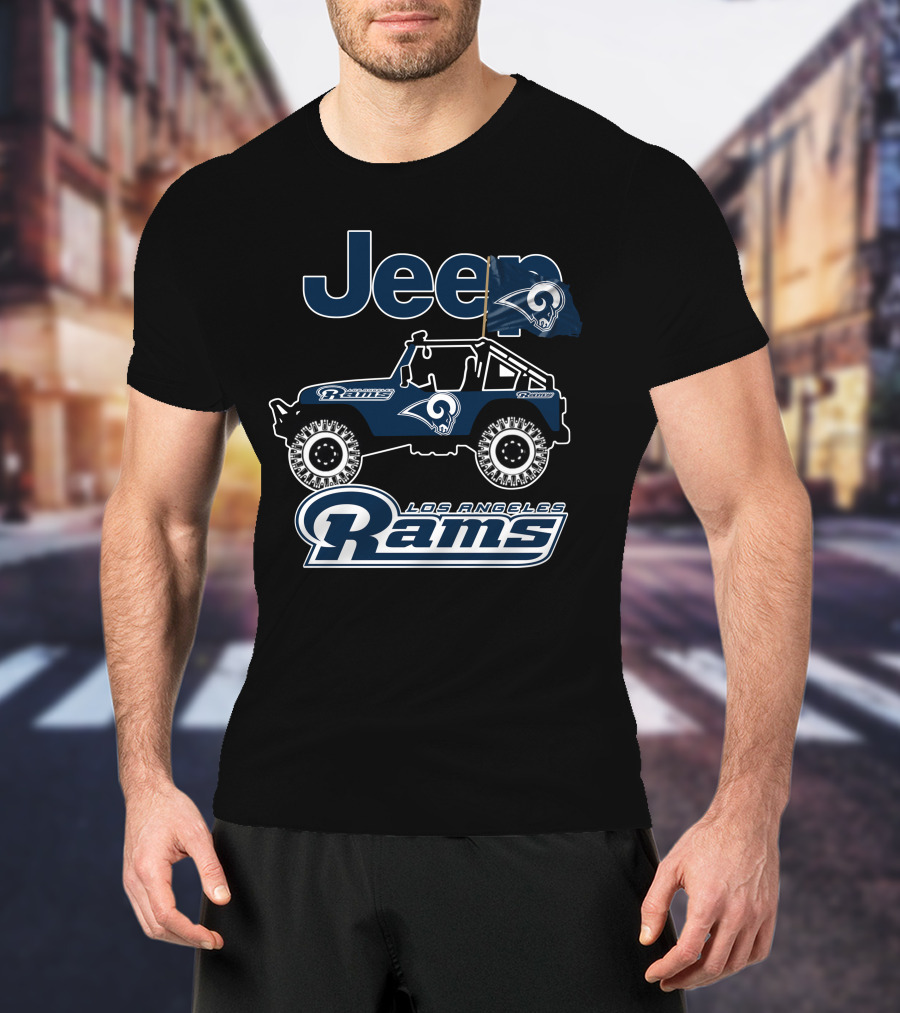 Los Angeles Rams Jeep Off-Road Adventure With Team Logo And Flag T-Shirt