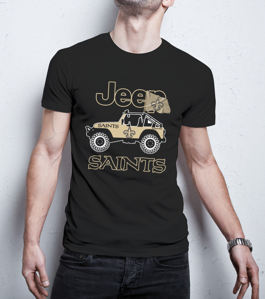 New Orleans Saints Jeep Vehicle With Fleur-De-Lis Flag T-Shirt
