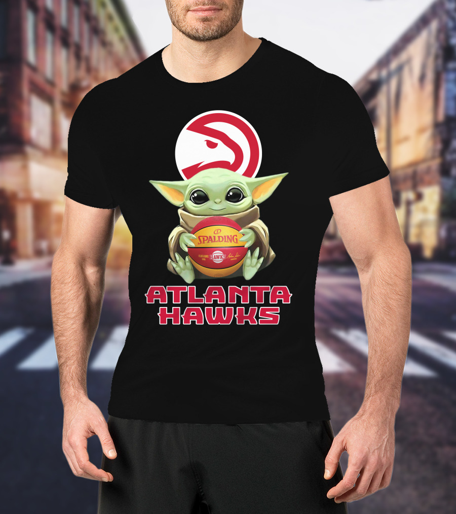 Atlanta Hawks Baby Yoda With Spalding Basketball And Hawks T-Shirt