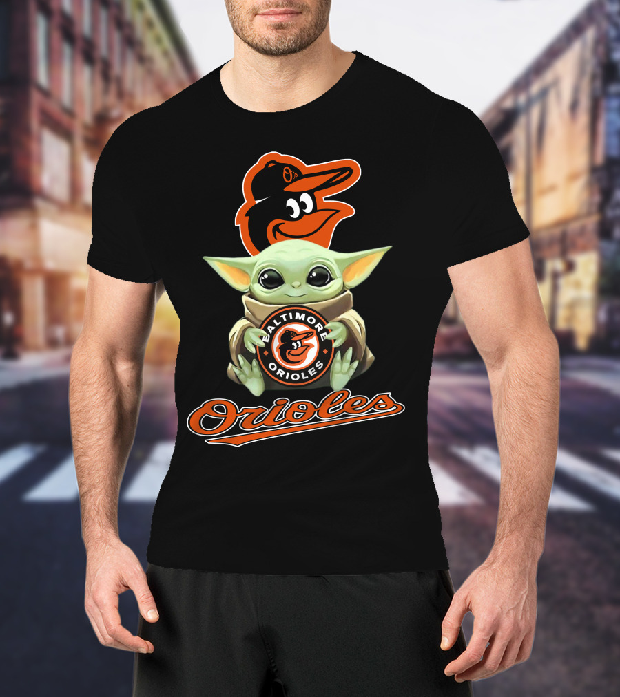 Baltimore Orioles Baby Yoda Holding Logo With Mascot And Team Name T-Shirt