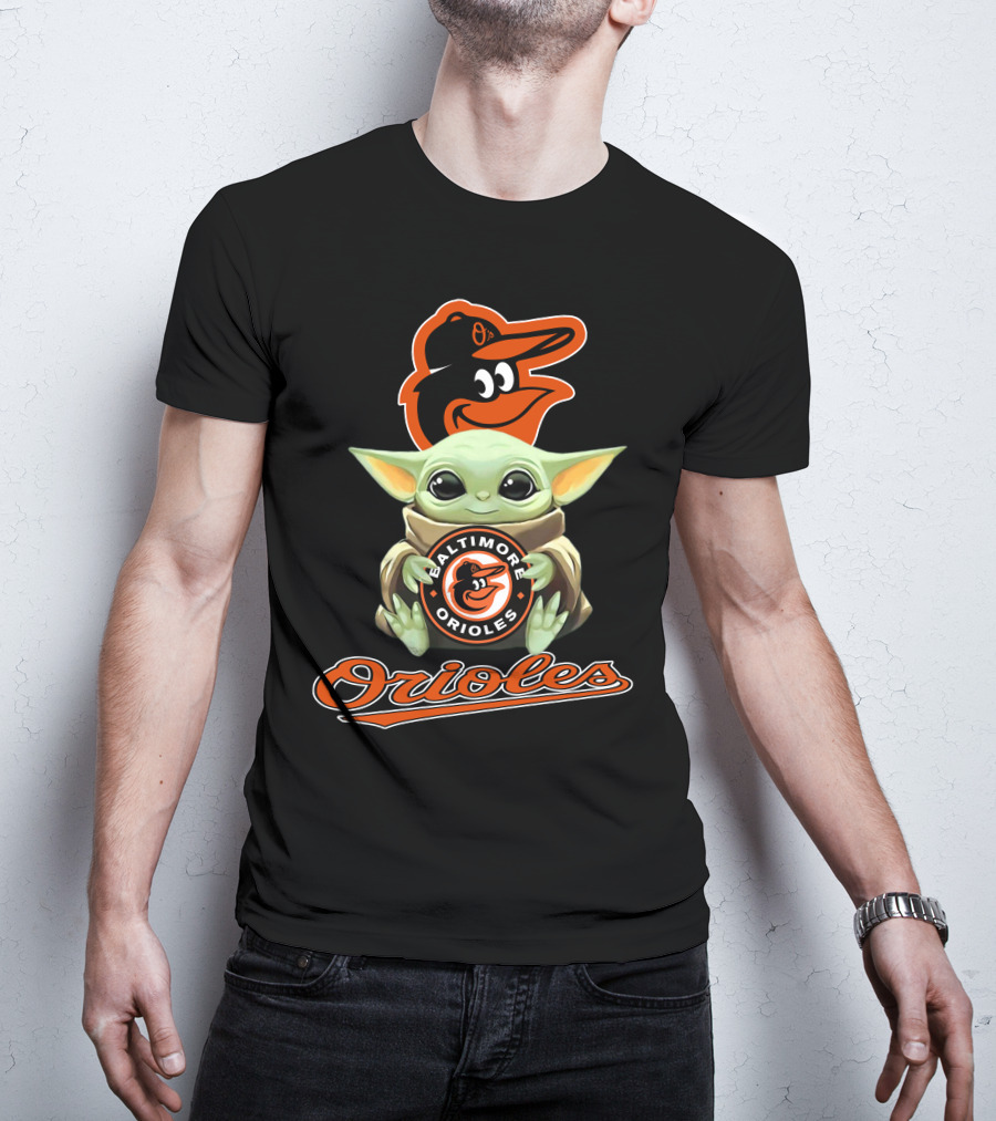Baltimore Orioles Baby Yoda Holding Logo With Mascot And Team Name T-Shirt