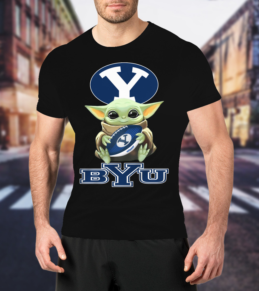 Byu Cougars Baby Yoda Holding Football With Byu T-Shirt