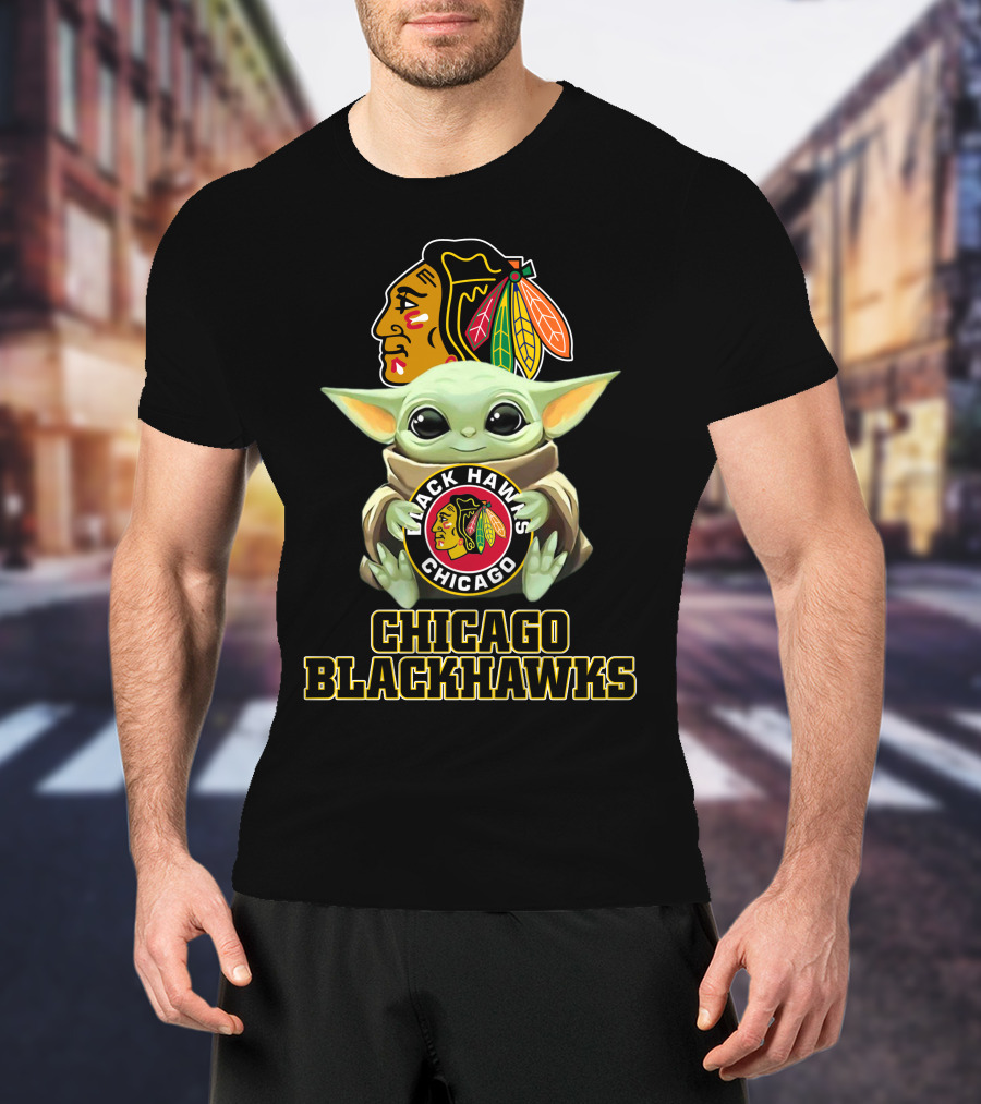 Chicago Blackhawks Baby Yoda Holding Blackhawks T-Shirt
