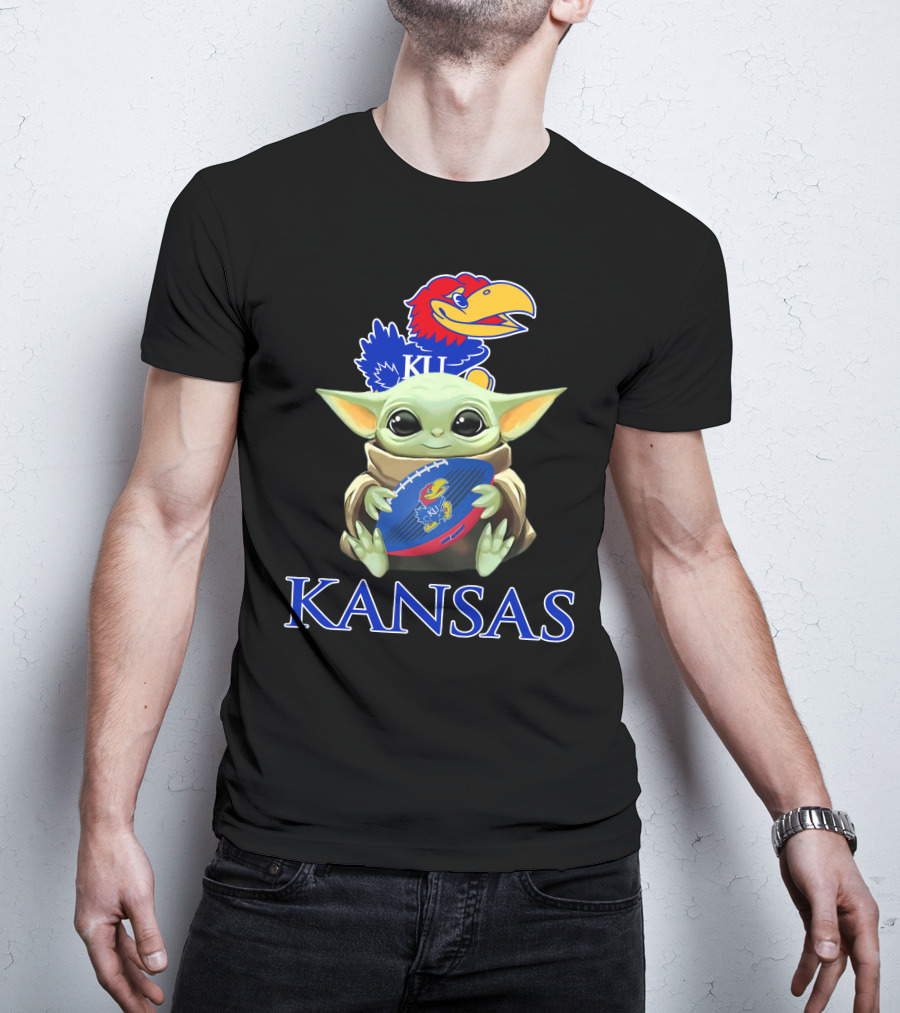 Kansas Jayhawks Baby Yoda Football Holding Ku T-Shirt
