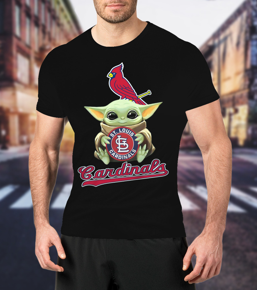 St. Louis Cardinals Baby Yoda Holding Logo With Cardinal Bird T-Shirt