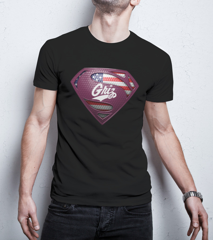 Montana Grizzlies Griz Superman Shield With American Flag T-Shirt